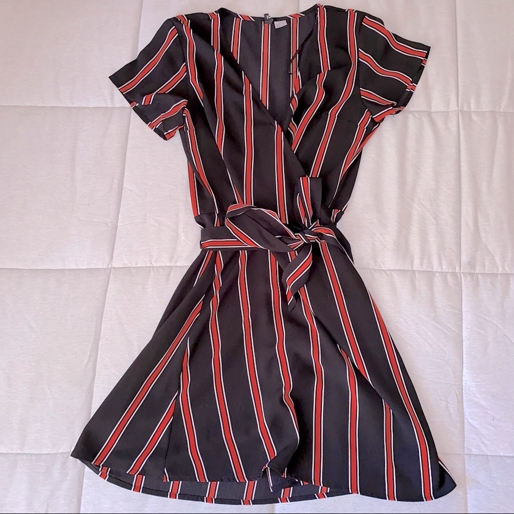Size 8, H&M wrap front, red black striped dress